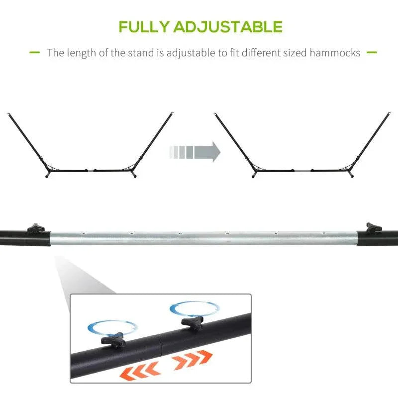 Fully adjustable black steel hammock stand, length setting illustrated