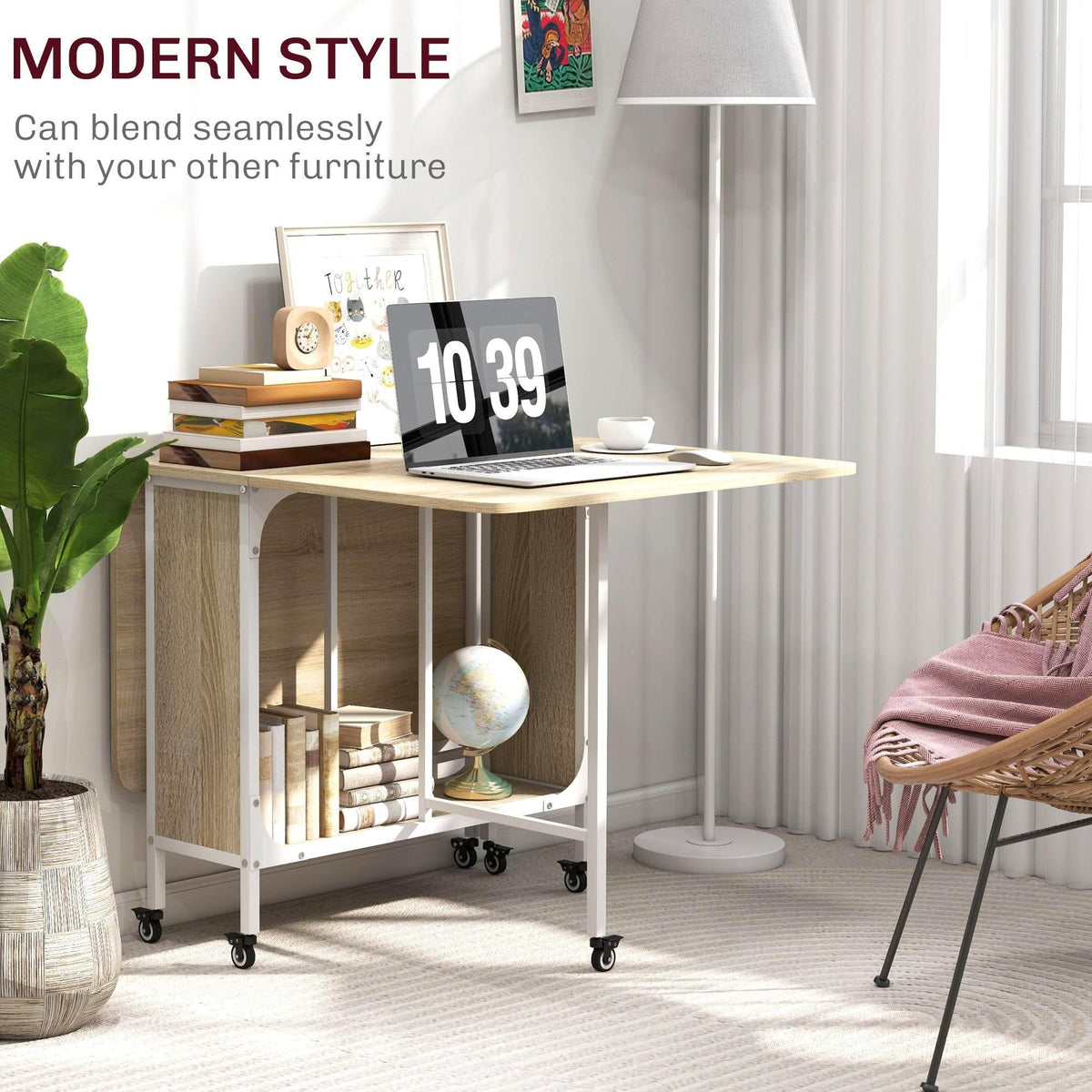 Folding dining table with open storage shelves, light wood, rolling casters.