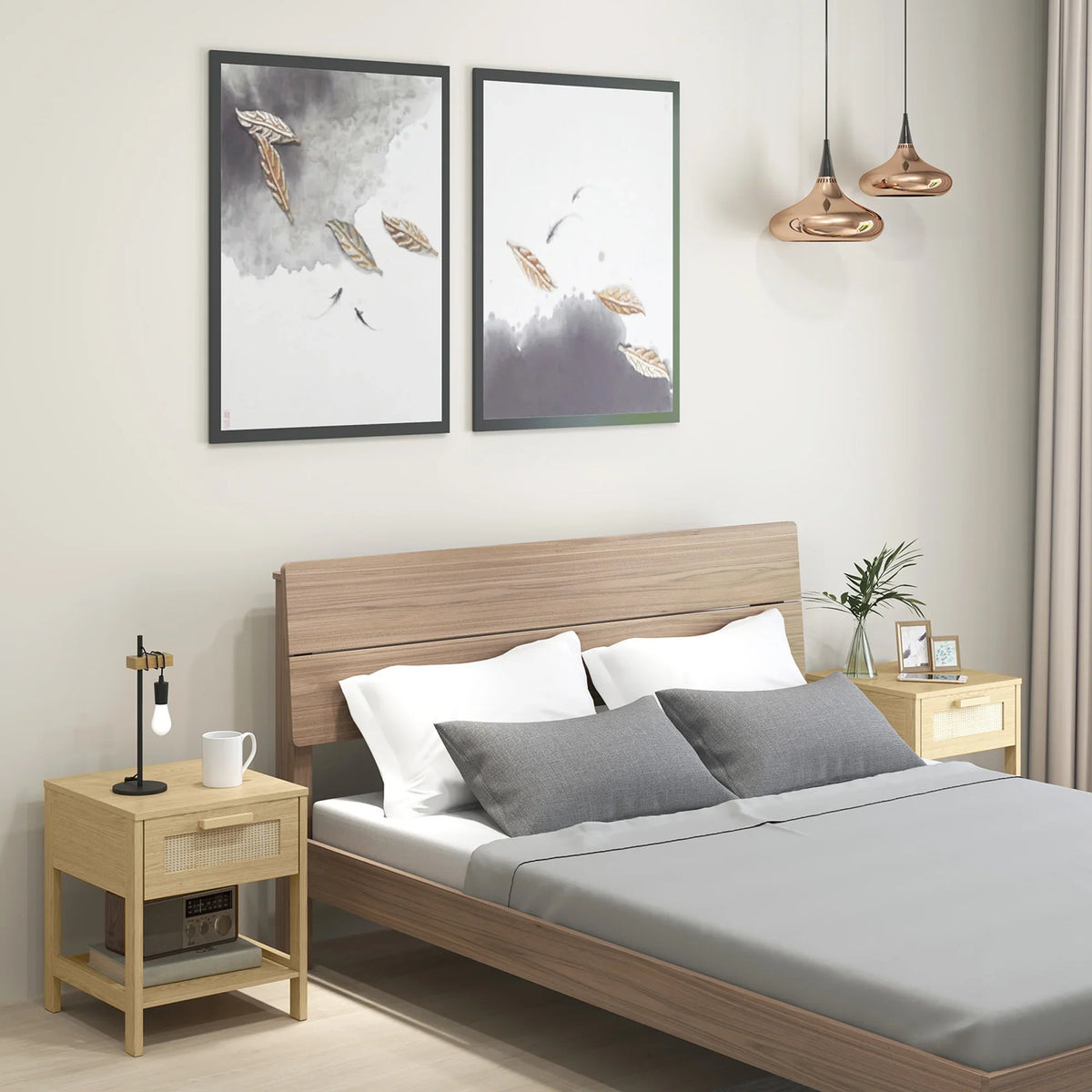 Natural wood bedside table set of 2 with rattan drawer and open side shelf