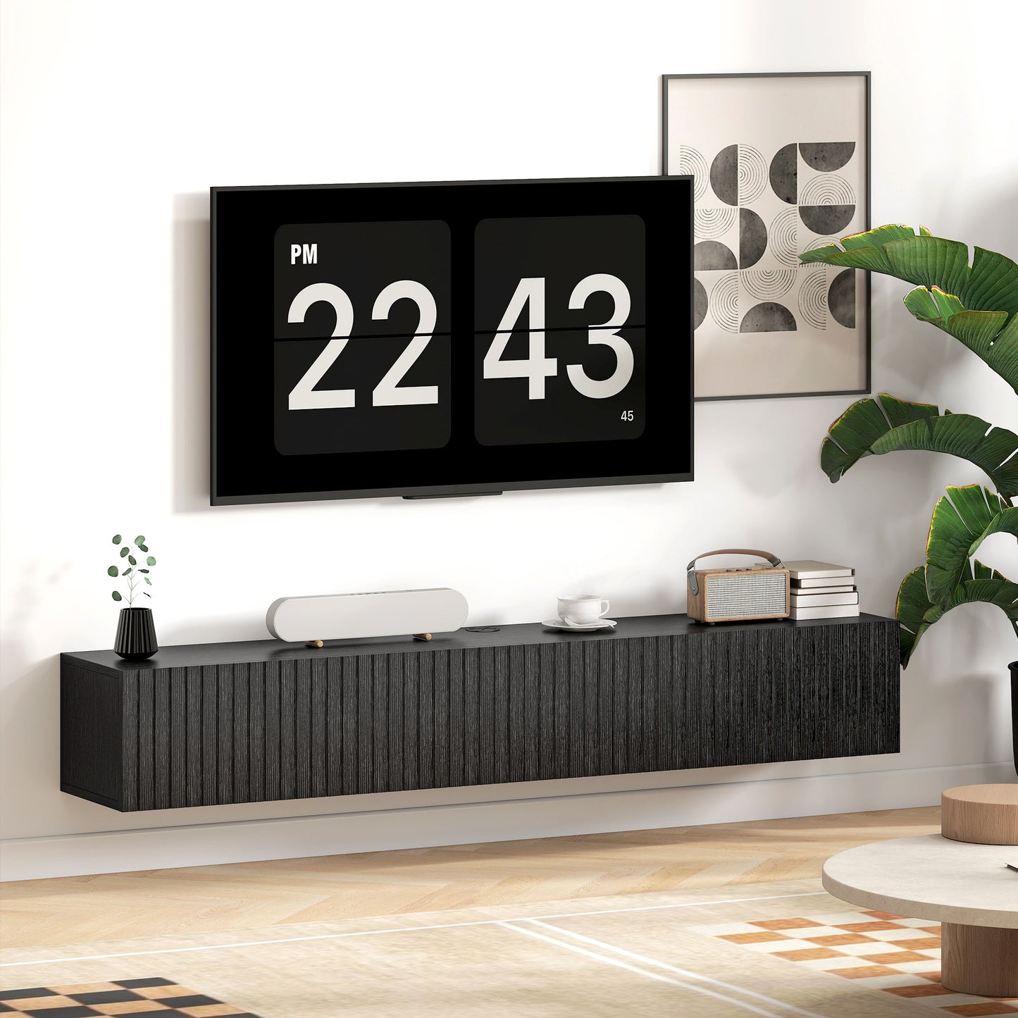 HOMCOM 140cm Floating Wall Mount TV Stand In Black With Cable Management Hole Fits Up To 72 Inch TV
