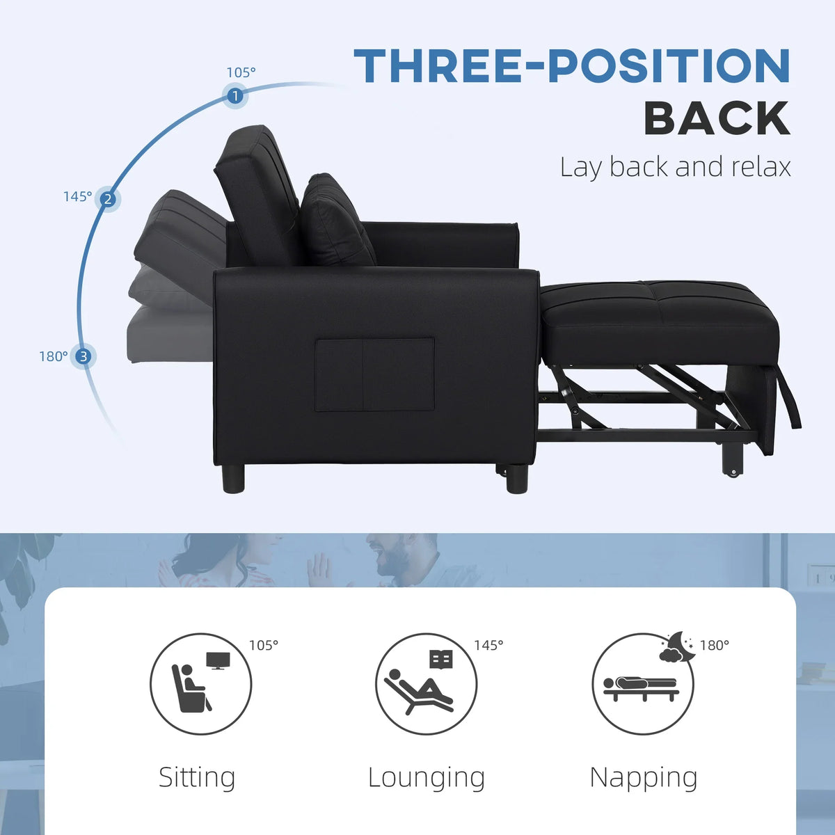 Black chair bed with three-position adjustable back, shown reclined and napping