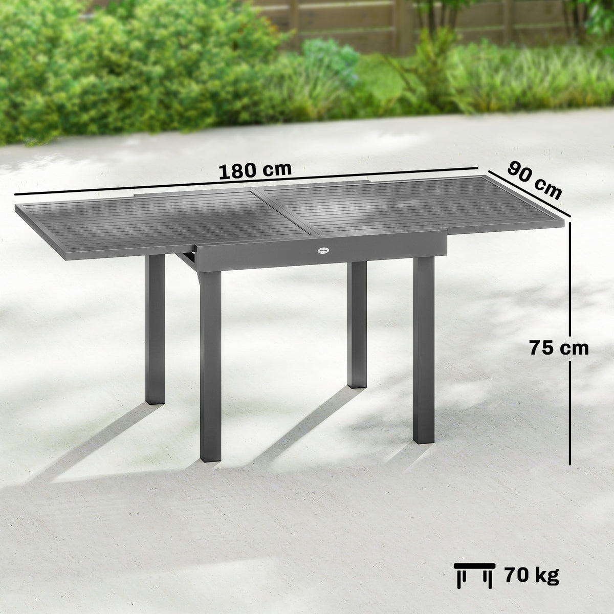 Dark grey extending outdoor garden table with slatted top and four sturdy legs