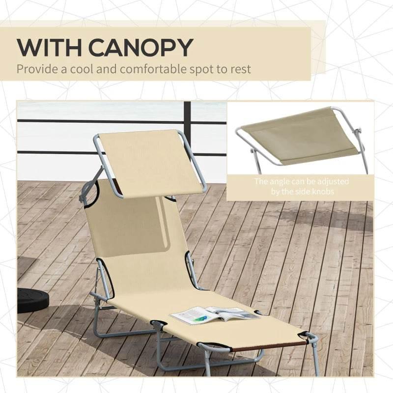Beige outdoor sun lounger with canopy awning and adjustable backrest on metal frame