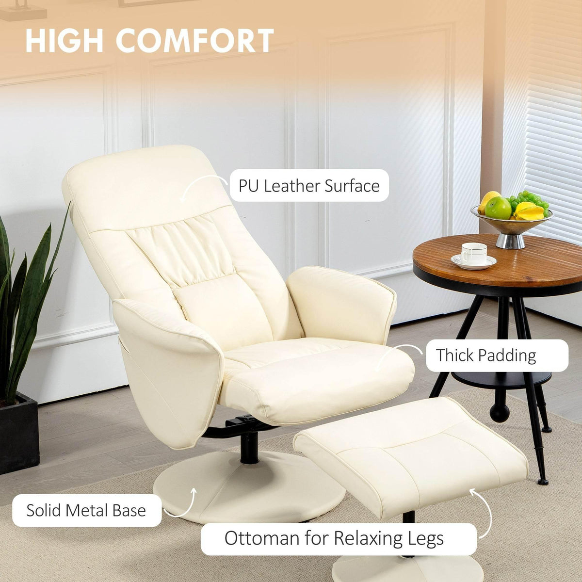 Cream swivel recliner chair and ottoman with thick padding and metal pedestal base