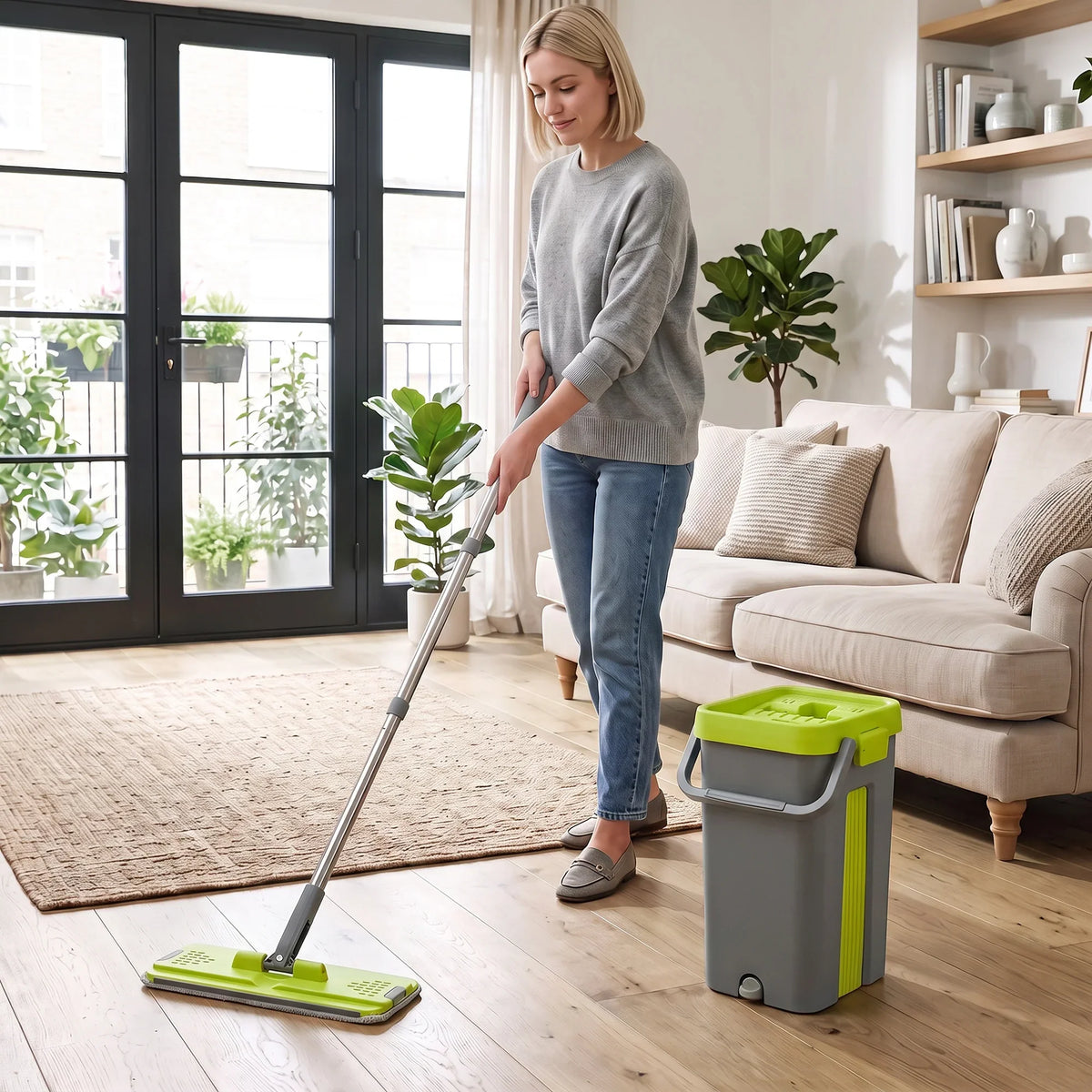 Flat mop with reusable pad and green bucket for cleaning living room hardwood floors