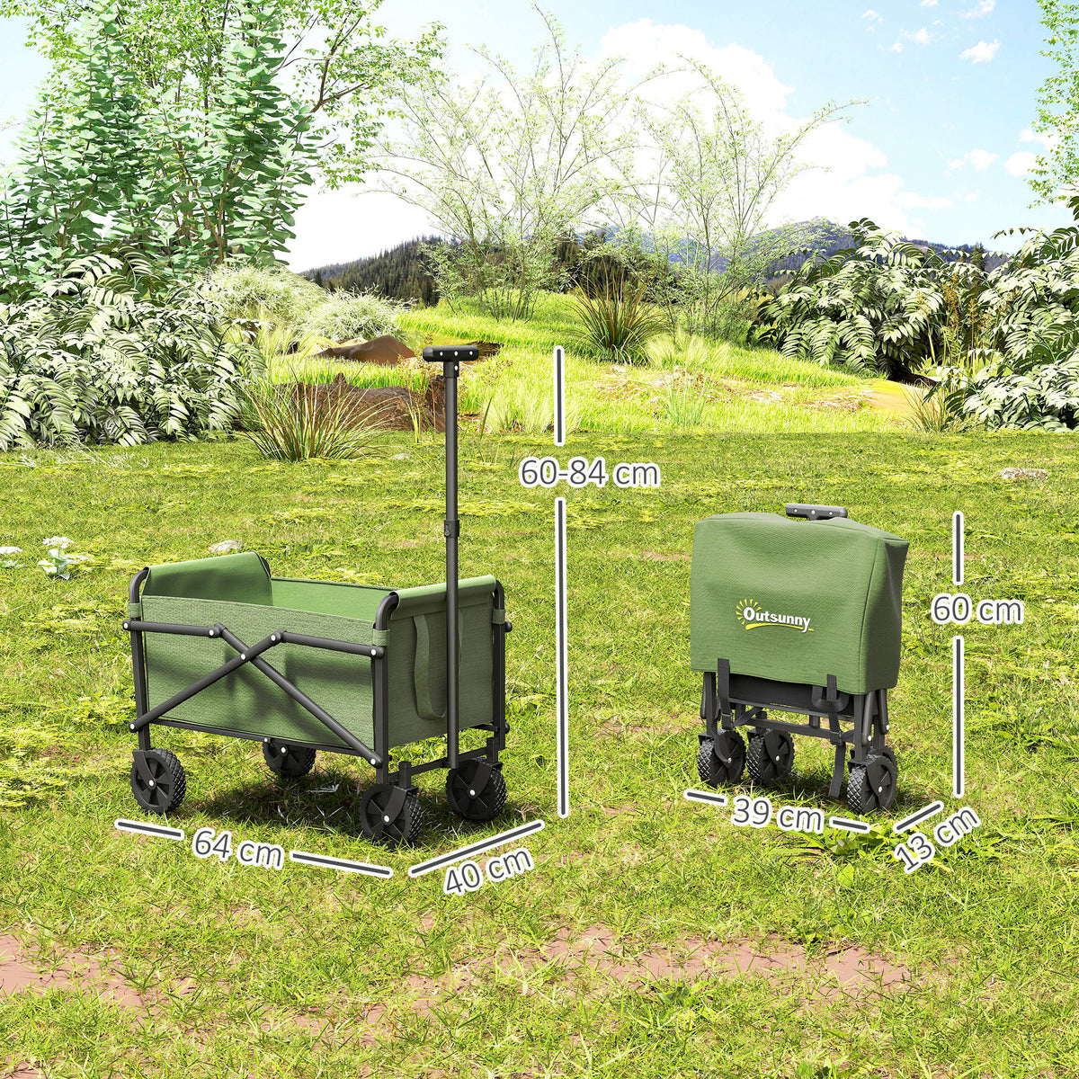 Green collapsible trolley wagon with fabric cover, four wheels, shown in two sizes.