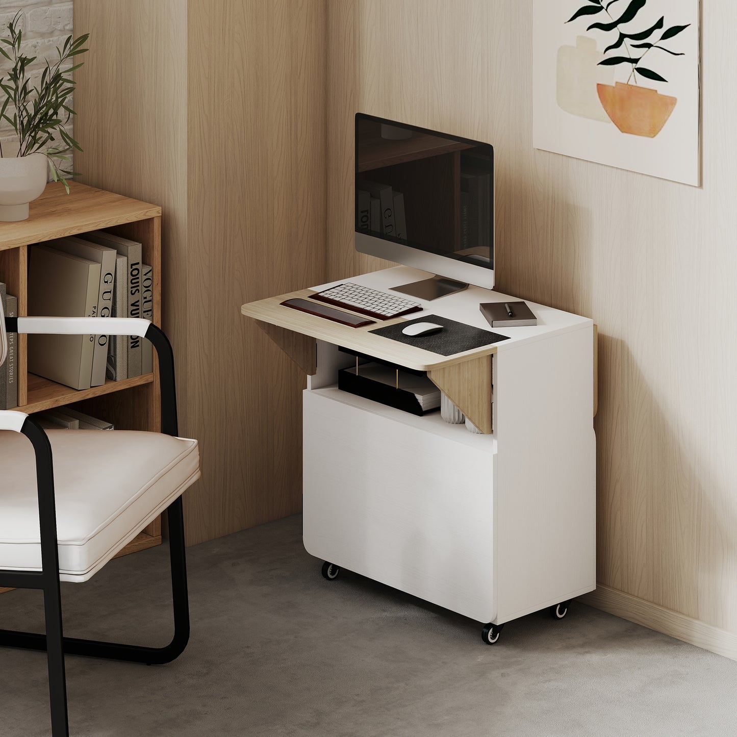 HOMCOM Folding Dining Table With Rolling Drop Leaf Hidden Shelf And Cabinet For Small Spaces White