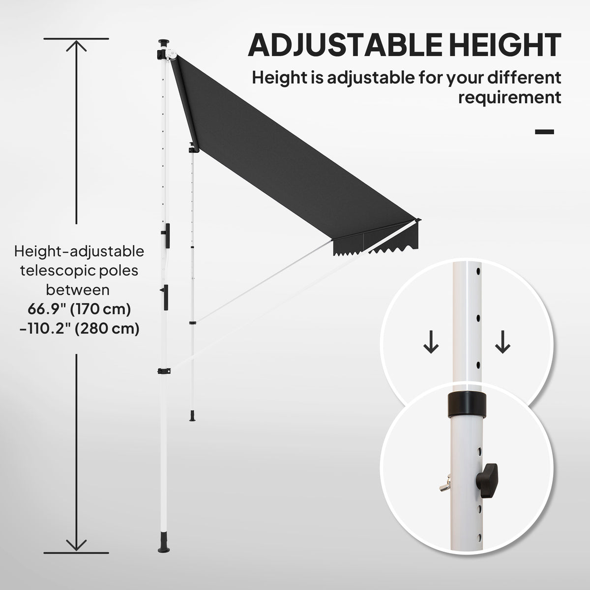 Adjustable retractable outdoor awning with black fabric and telescopic support poles