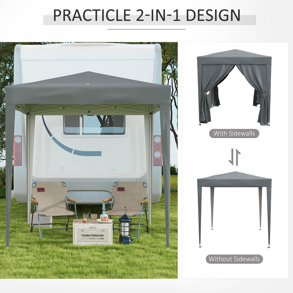 Grey pop-up gazebo with canopy roof and removable sidewalls, shown assembled