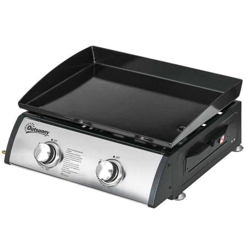 Stainless and black portable tabletop gas griddle grill with two control knobs