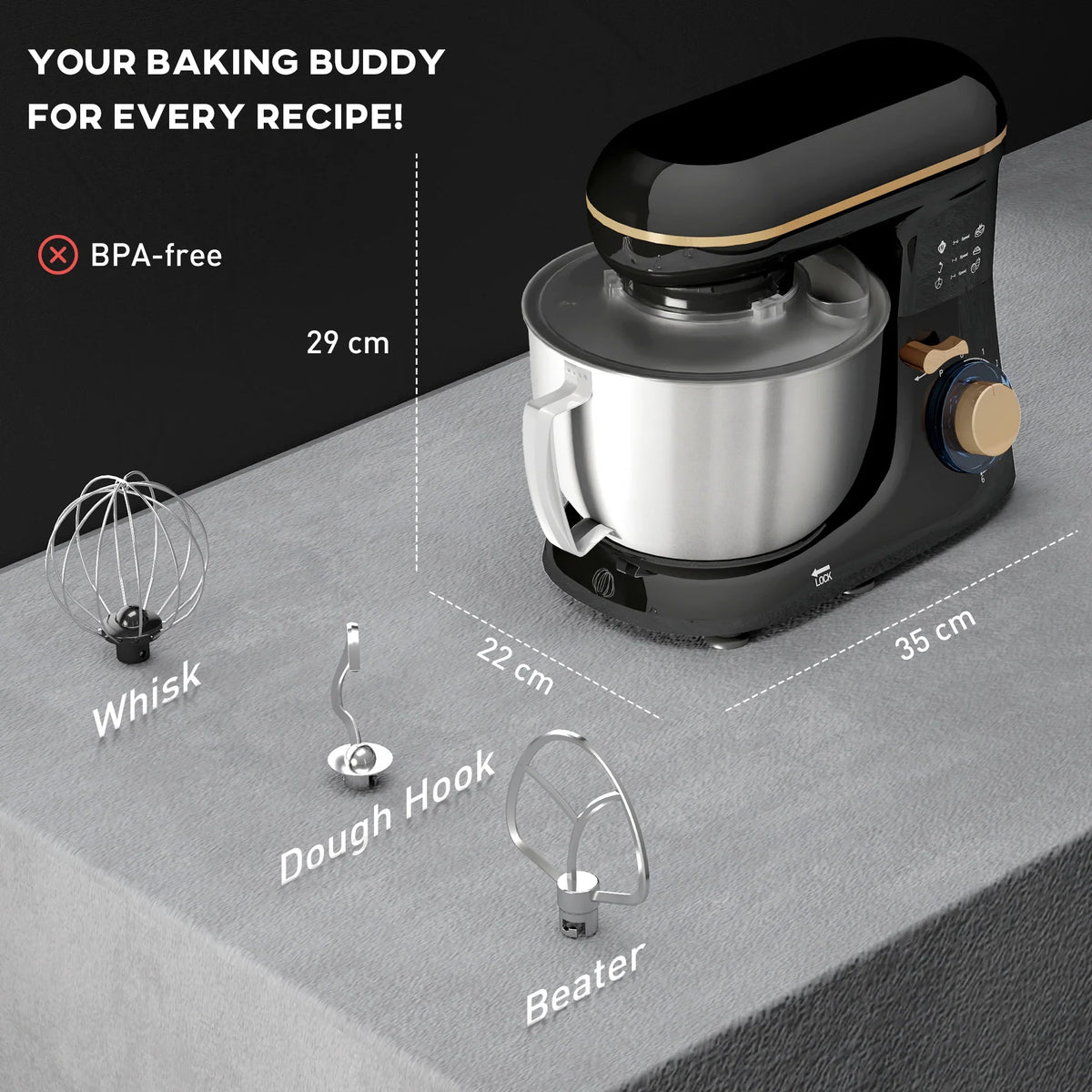 Black stand mixer with stainless steel bowl and whisk, plus dough hook and beater