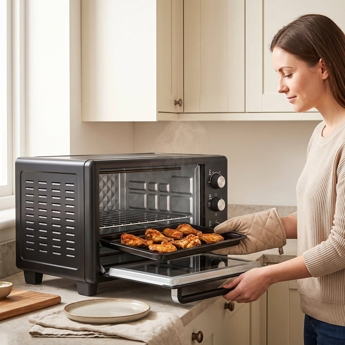 Black mini oven with food inside and pull-out door tray for serving
