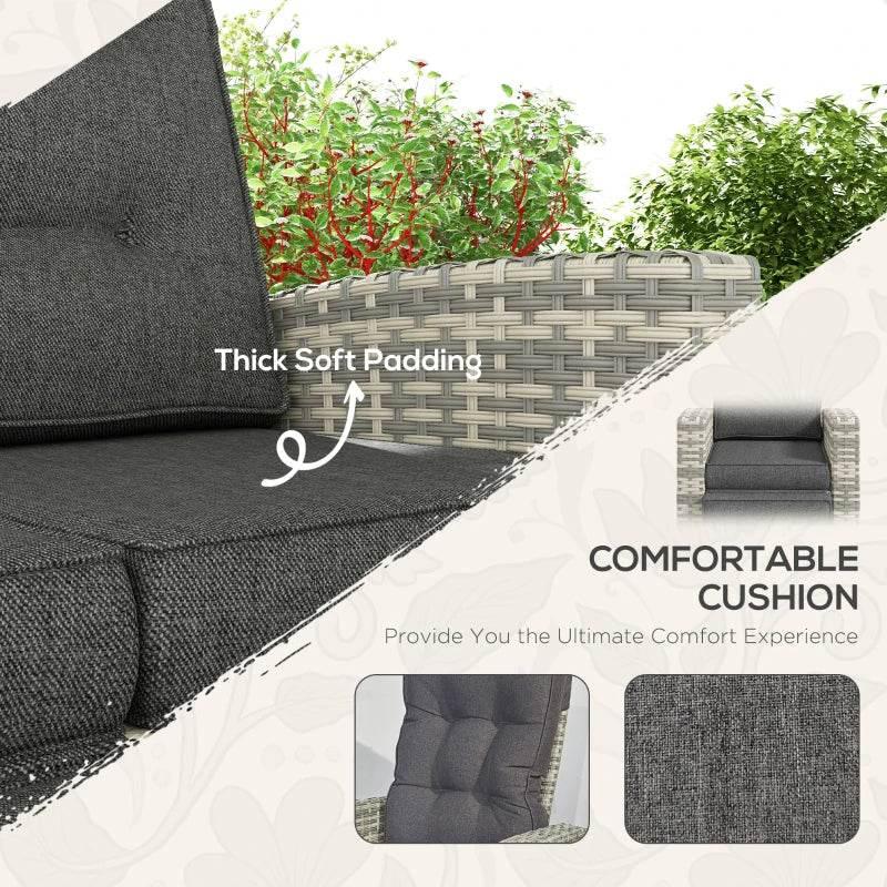 Outdoor sofa sectional cushion with thick padded seat and back on light grey rattan frame