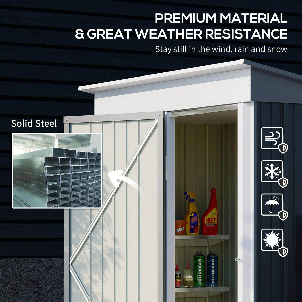 Grey steel garden shed with open door, solid wall panels, and interior storage