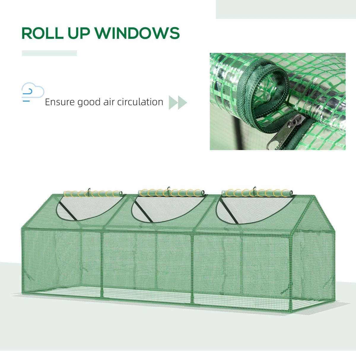Mini greenhouse with green mesh PE cover and three roll-up windows
