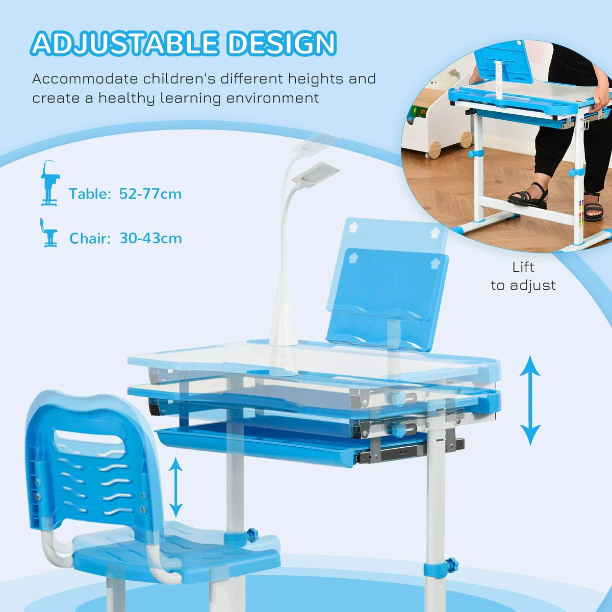 Blue adjustable kids study desk with tilting tabletop and adjustable chair height