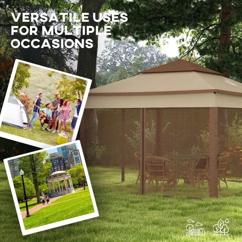 Outdoor portable gazebo with mesh side walls and double roof in a backyard.
