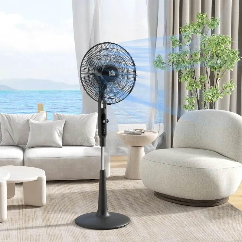 Black pedestal fan with front grille and tall stand base