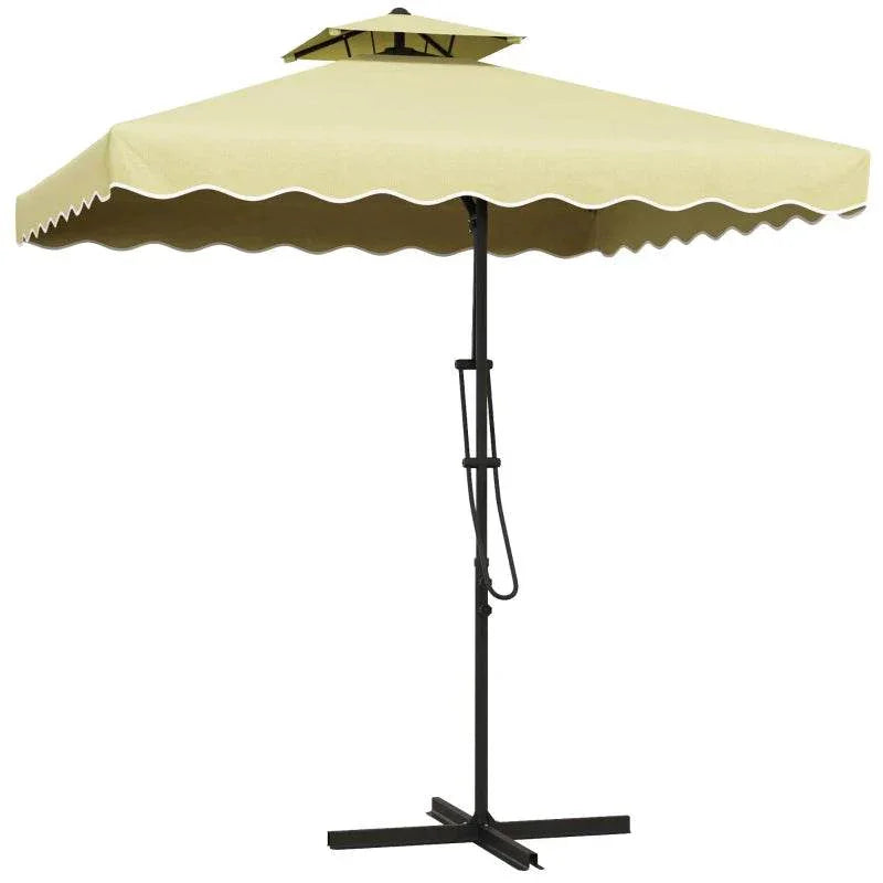 Beige square double-top cantilever parasol with ruffled canopy and cross base