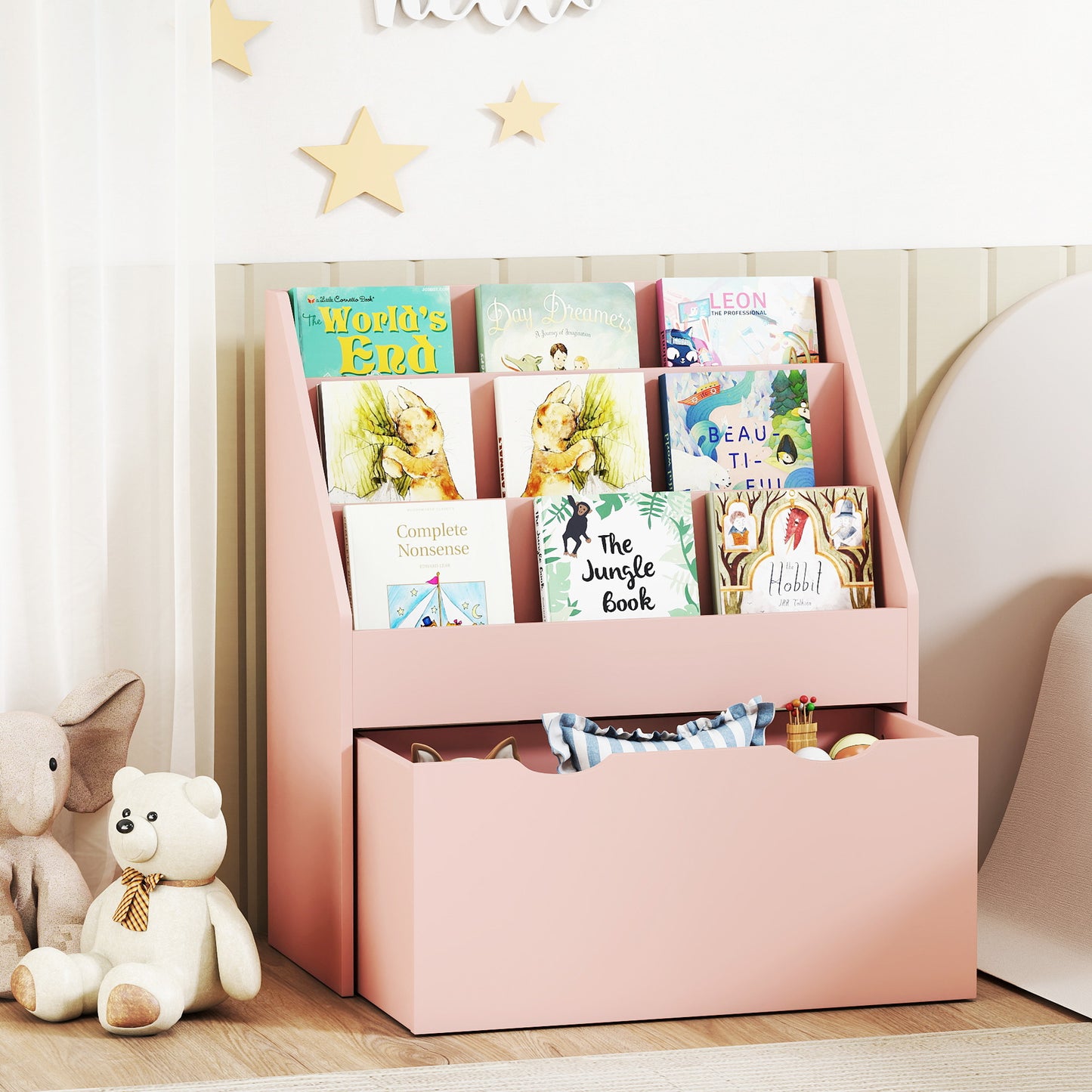AIYAPLAY Pink Kids Bookcase With Shelves And Drawer On Wheels For Bedroom And Playroom
