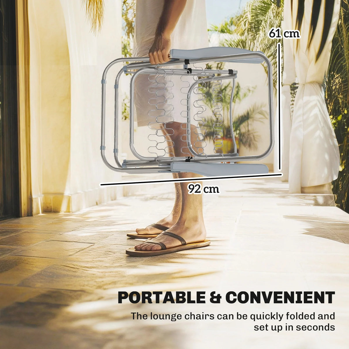 Folded patio sun lounger with protective cover and carrying handle