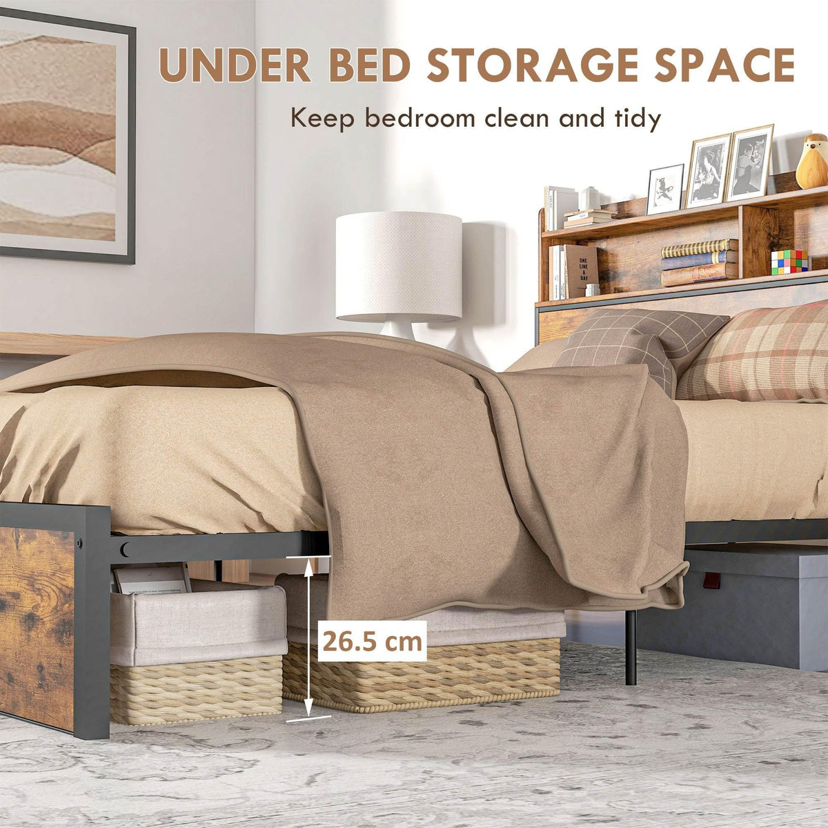 King bed frame with open under-bed storage space and matching rustic panel drawers