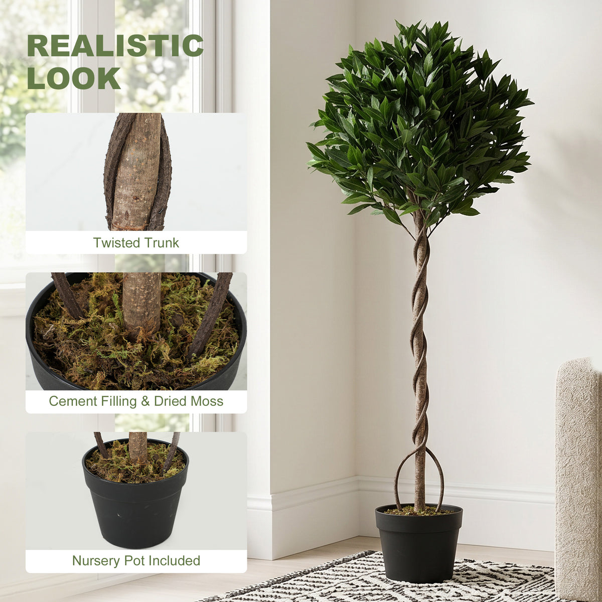 Artificial topiary ball tree with twisted trunk and green topiary, in black pot