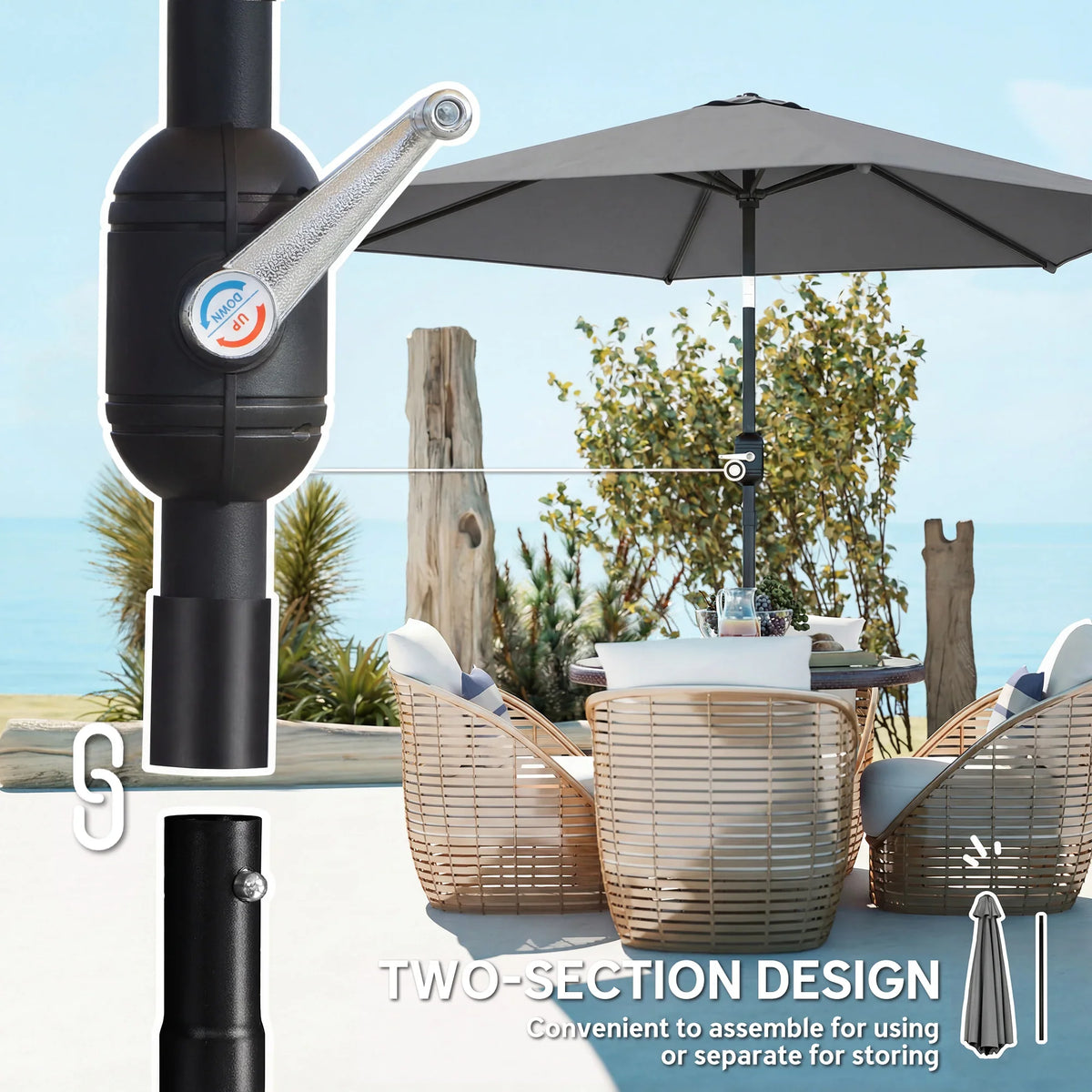 Grey patio umbrella with two-section pole design and crank handle