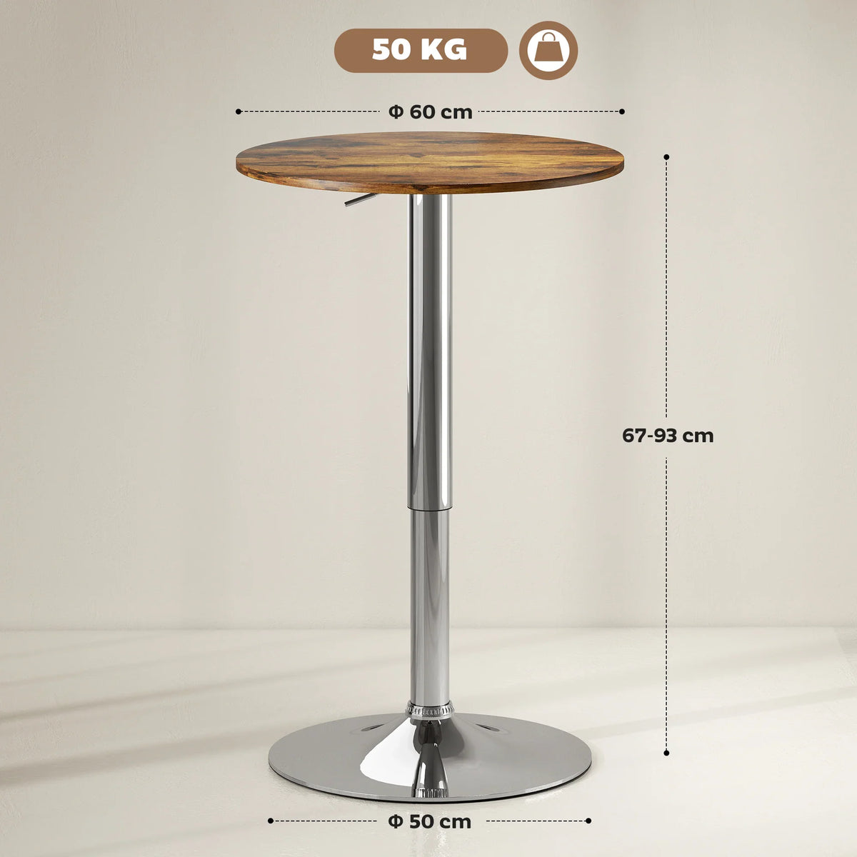 Rustic brown round bar table top with chrome pedestal stand and height/diameter measures