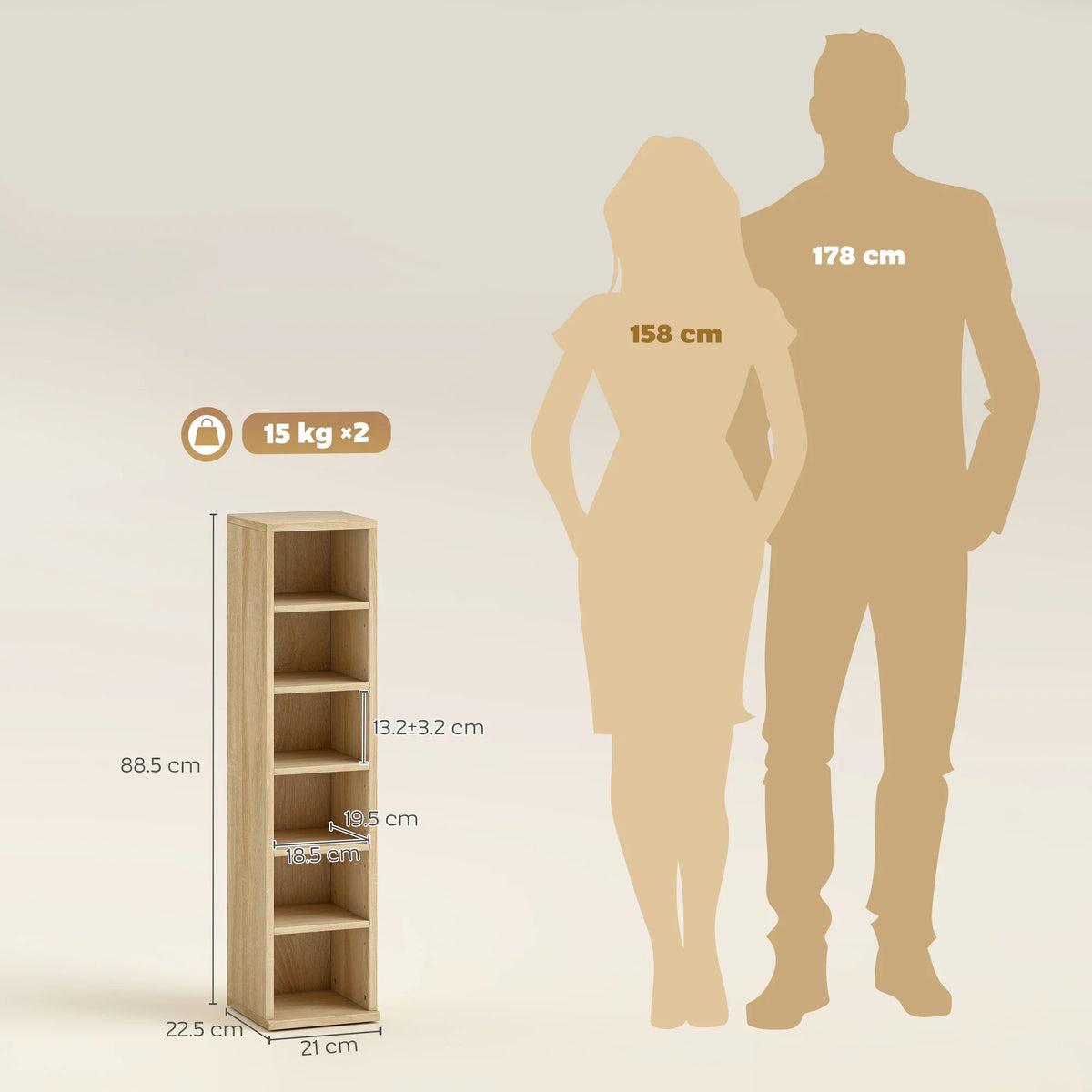 Oak CD media shelf unit with height and width dimensions shown