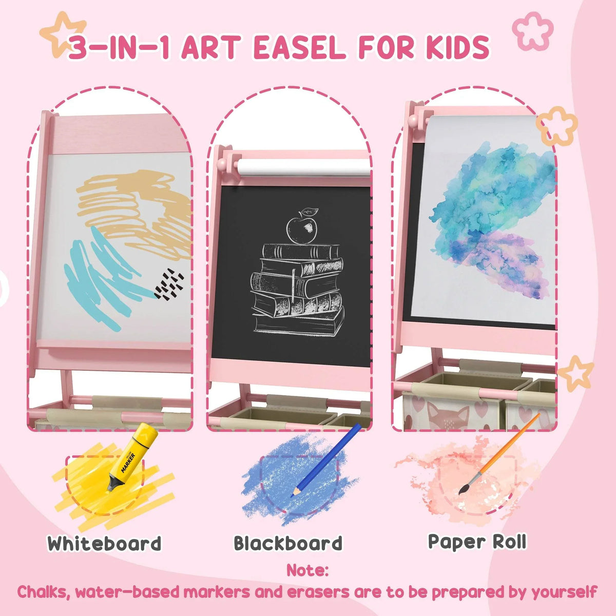 3-in-1 kids art easel with whiteboard, blackboard, and paper roll tray
