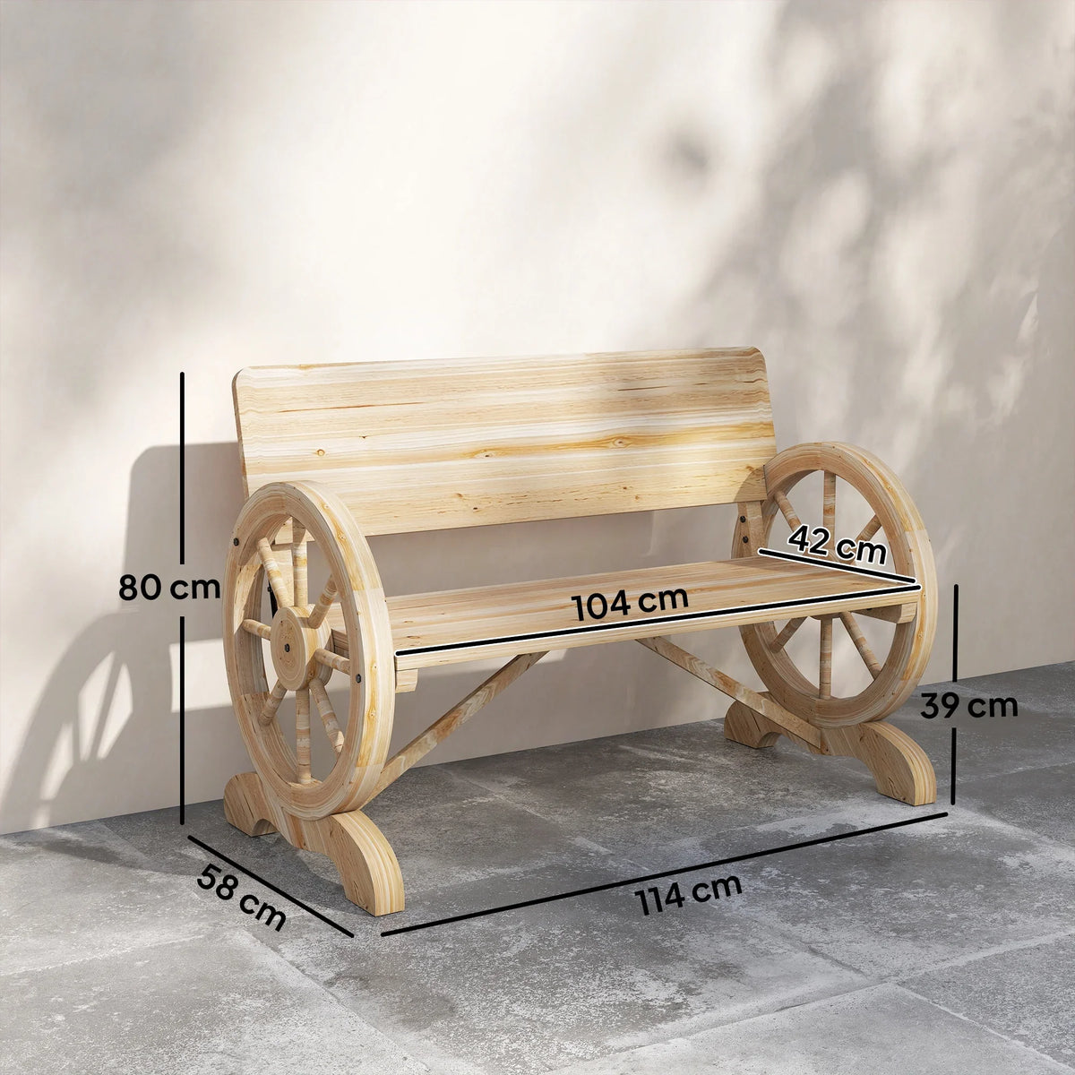 Two-seater wagon wheel bench in light wood with slatted seat and back, wheel side frames