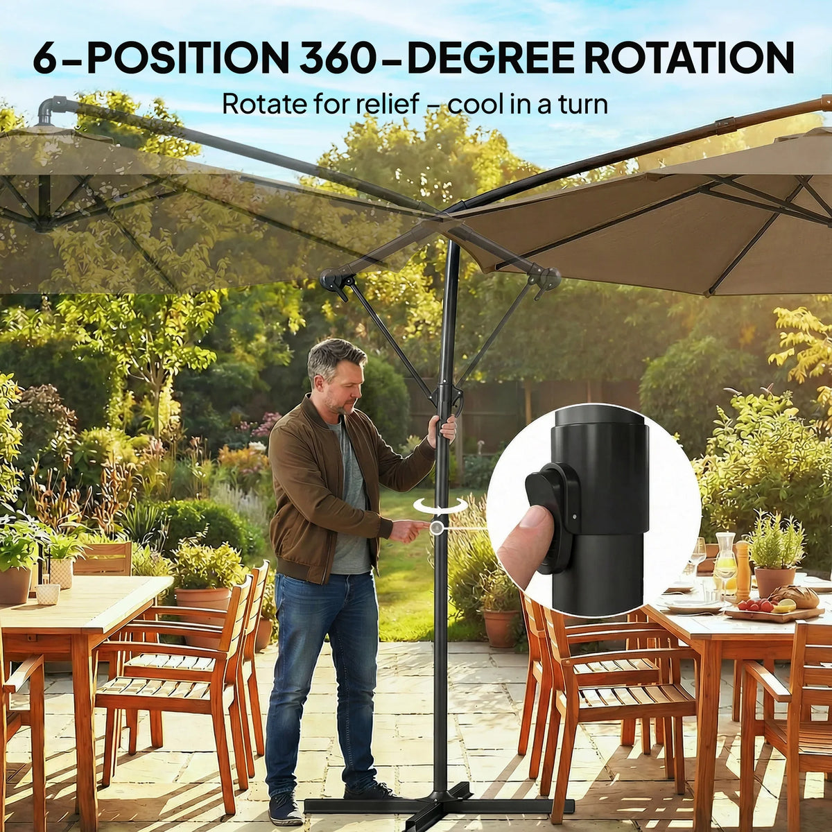Khaki cantilever parasol mast showing 360-degree rotation mechanism at the top