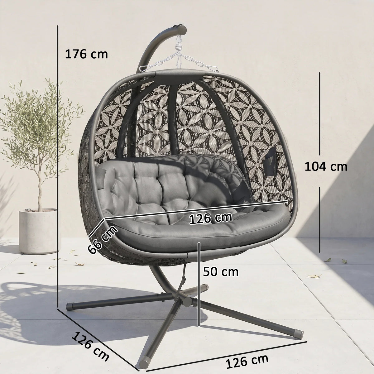 Charcoal double hanging chair with gray cushion, black steel base, leaf-patterned seat back