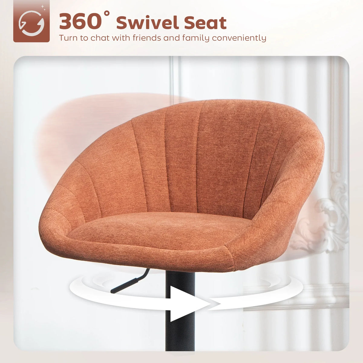 Orange upholstered bar stool with 360° swivel seat, arched back, black base