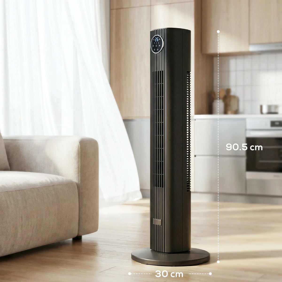 Tall black tower fan with circular display, standing on round base