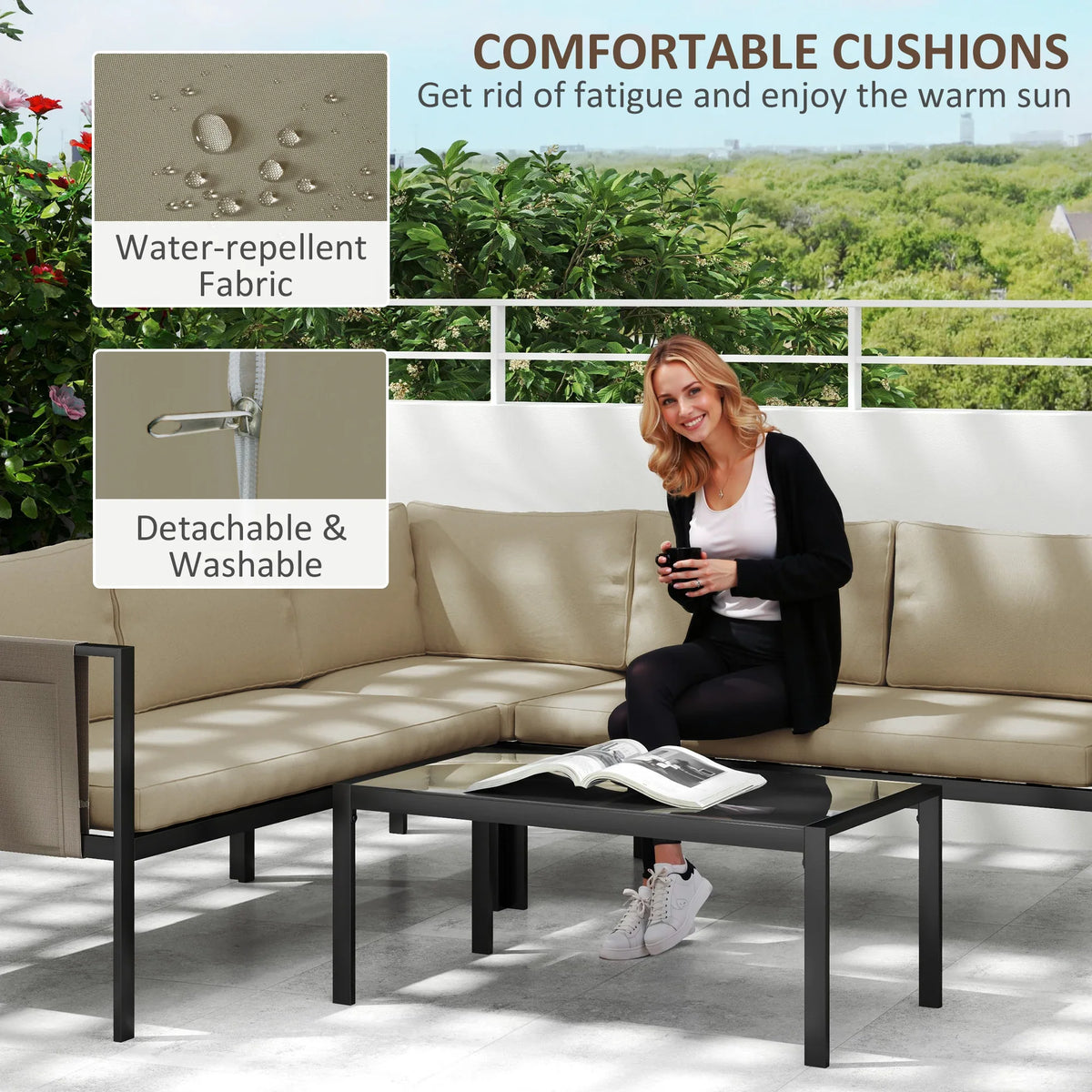 Outdoor sofa set with khaki, water-repellent cushions; person seated beside black frame