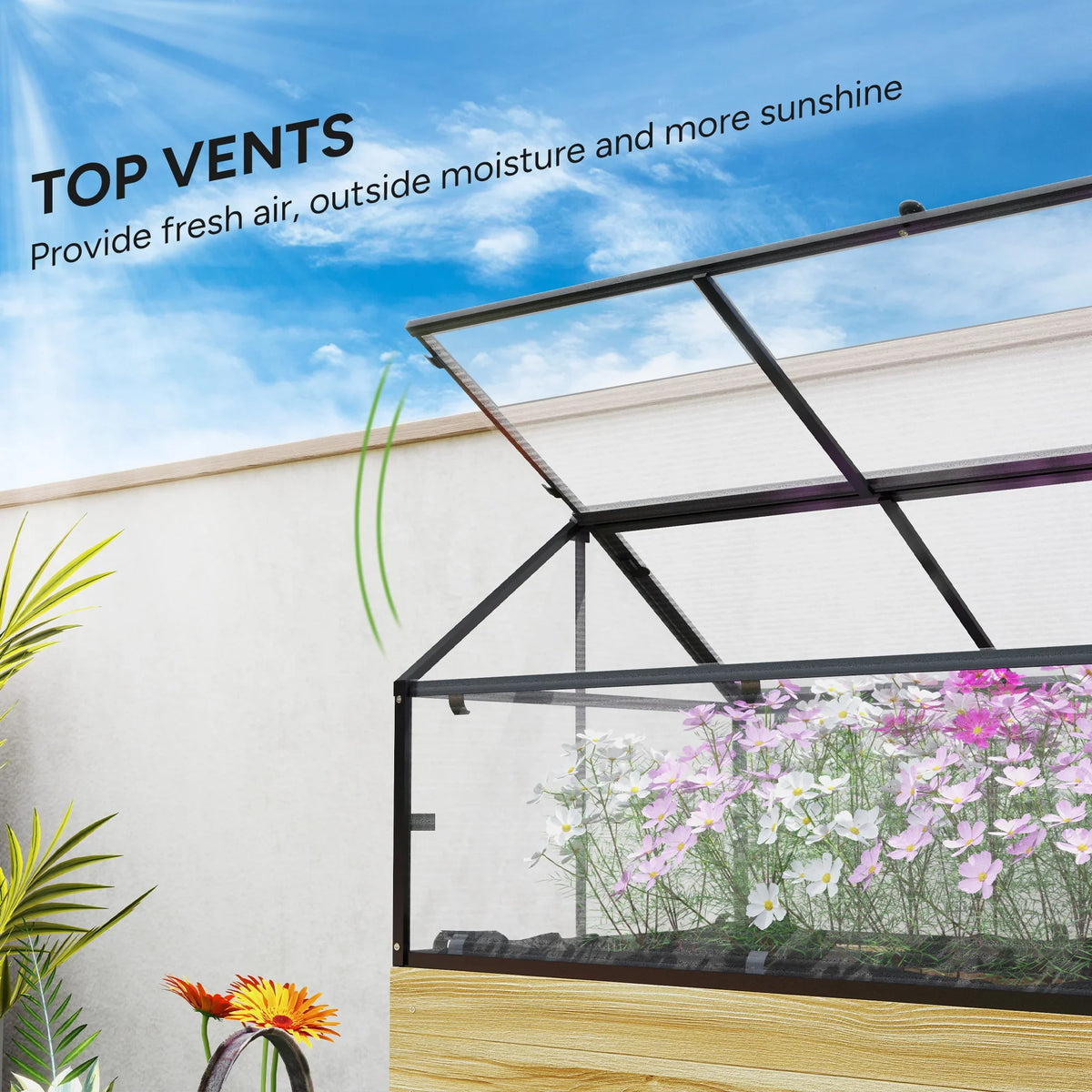 Raised garden bed with top vent panels and clear cover, natural wood raised base