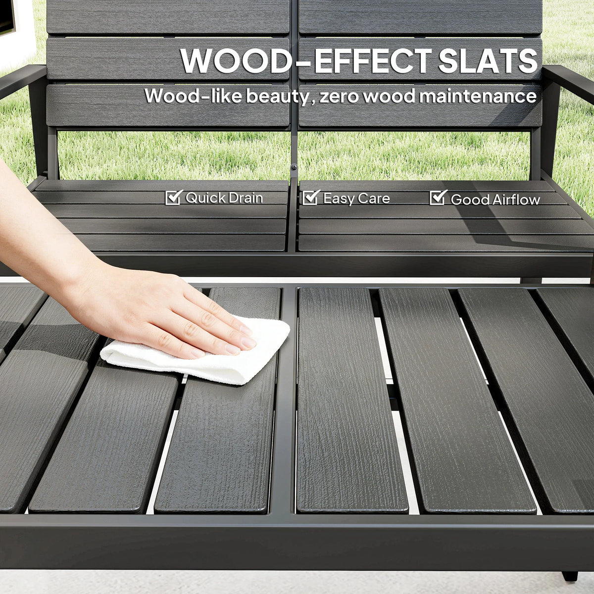 Close-up of dark grey slatted tabletop with hand wiping for easy care