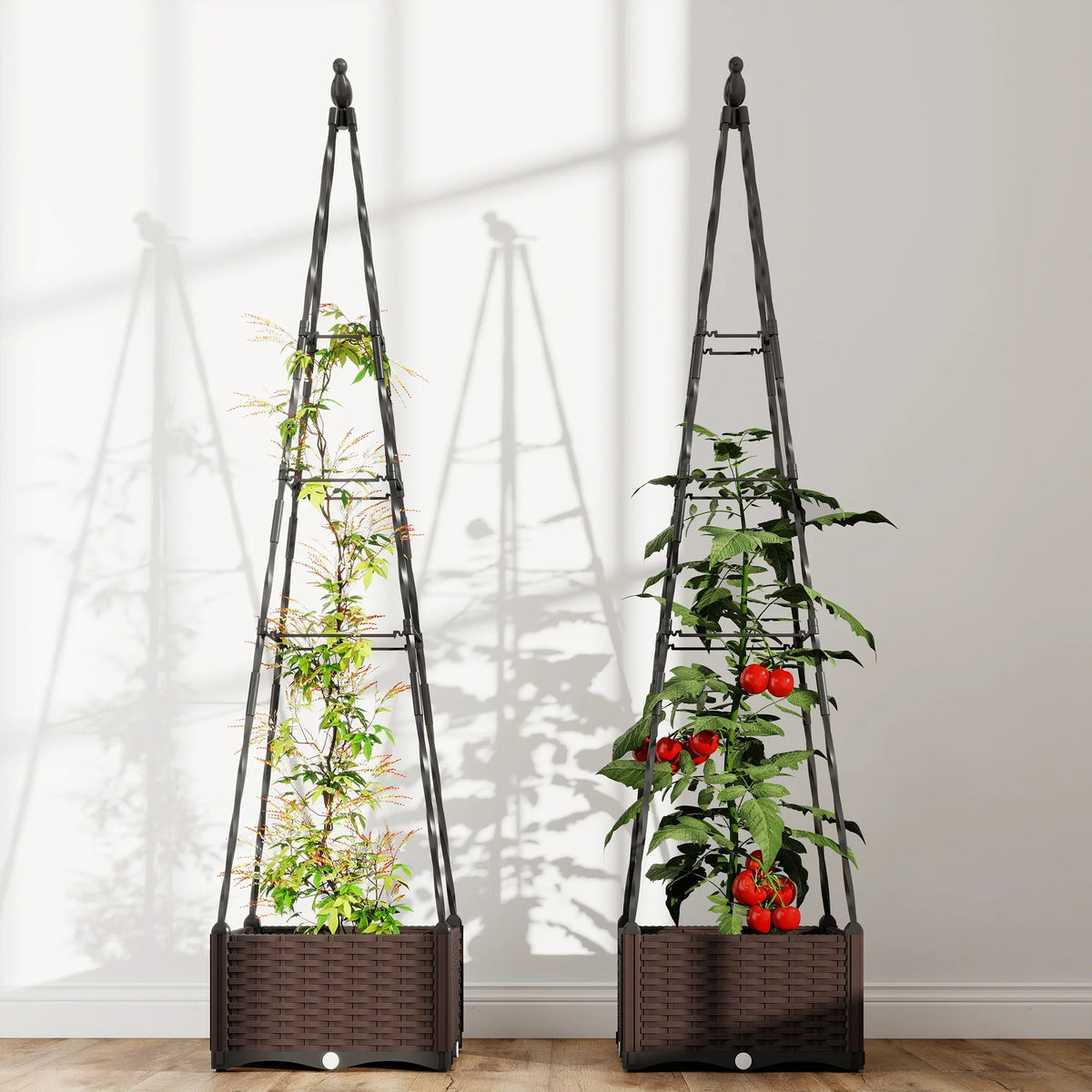 Pair of raised trellis planter boxes with tall black frames, dark brown bases, and red tomatoes