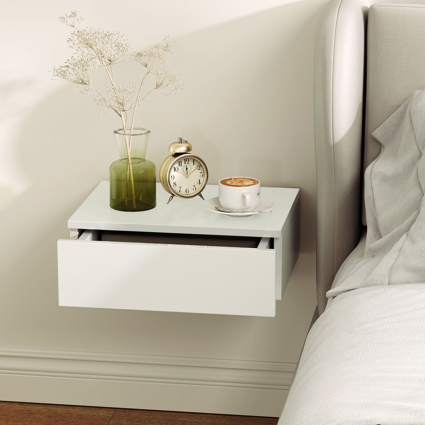 HOMCOM Floating Bedside Tables Set Of 2 Wall Mounted Nightstands With High Gloss White Finish And Storage Drawer