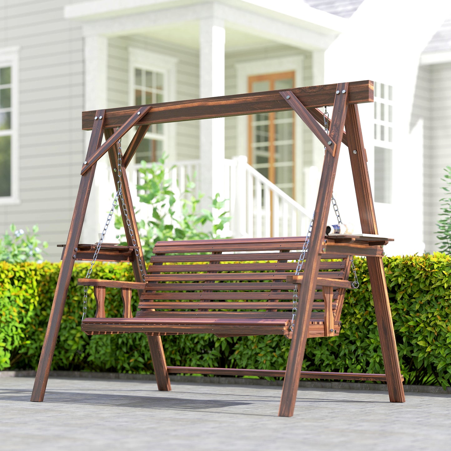 Outsunny 3-Seater Wooden Garden Swing Bench with Canopy – Outdoor Patio Porch Seat