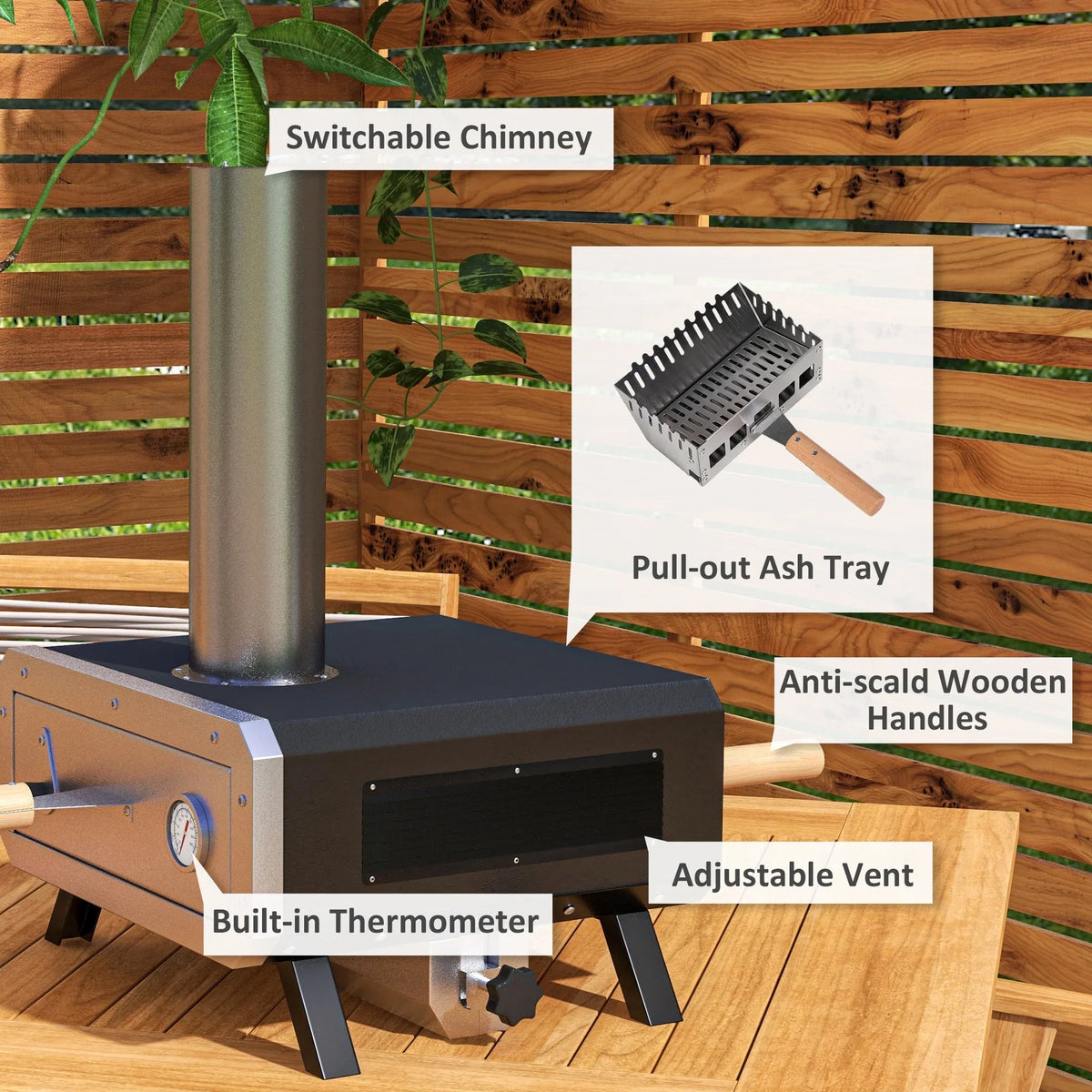Portable wood-fired pizza oven with built-in thermometer, adjustable vent, and pull-out ash tray