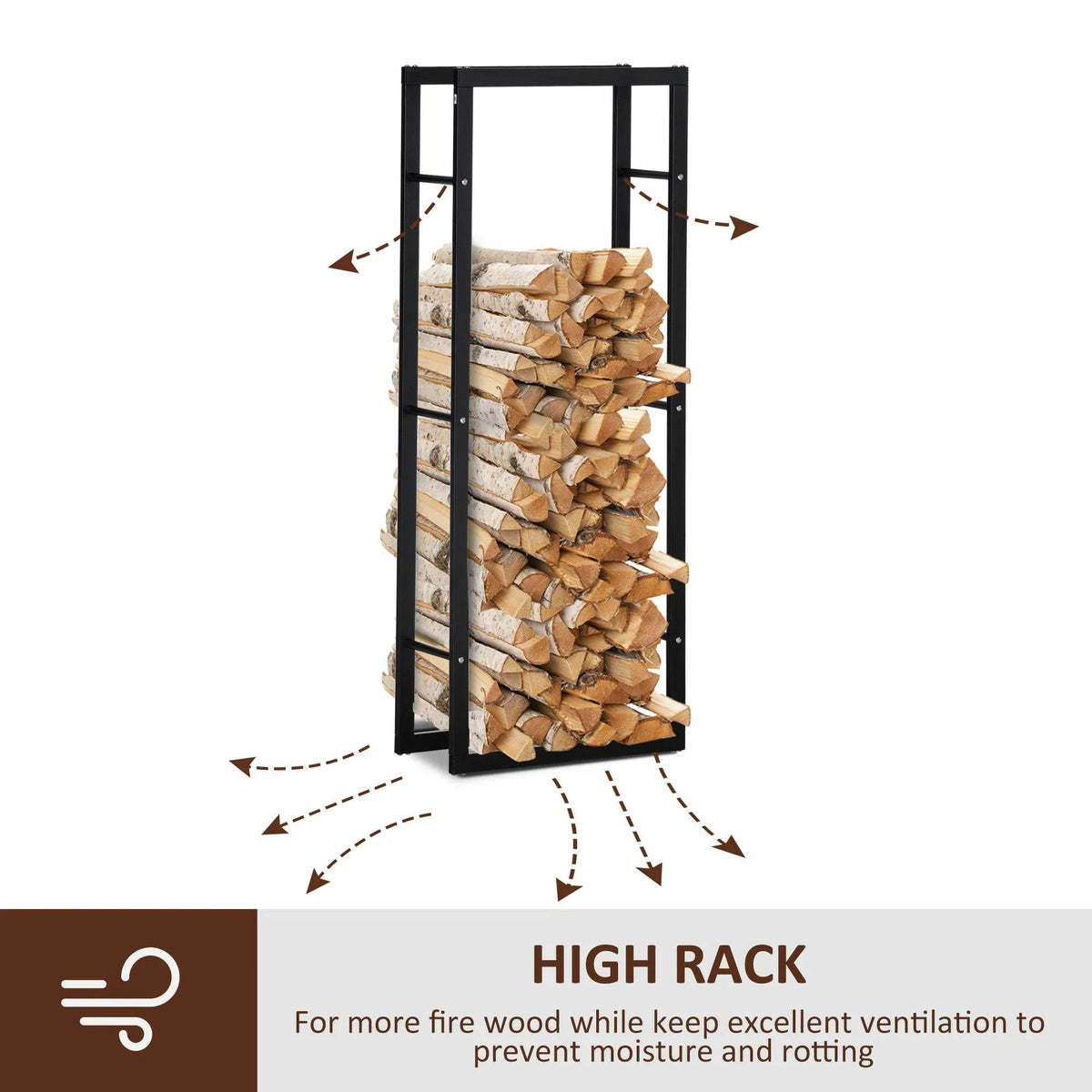 Tall black metal firewood rack holding stacked firewood, high storage level