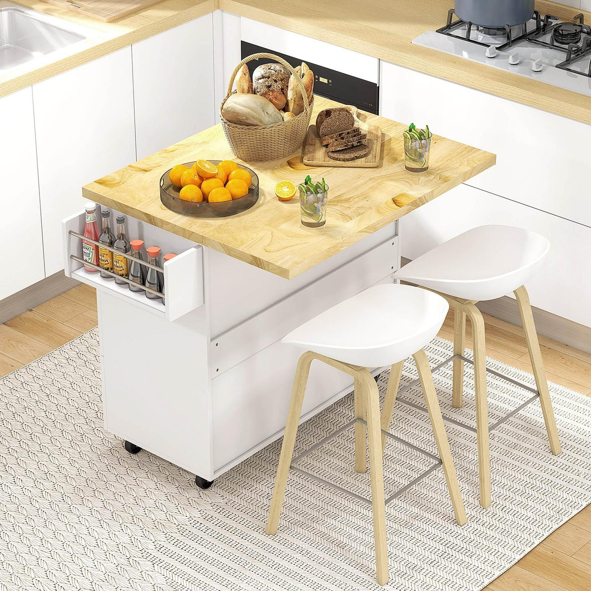 White kitchen island cart with open side shelf, wood top, and wheeled cabinet base