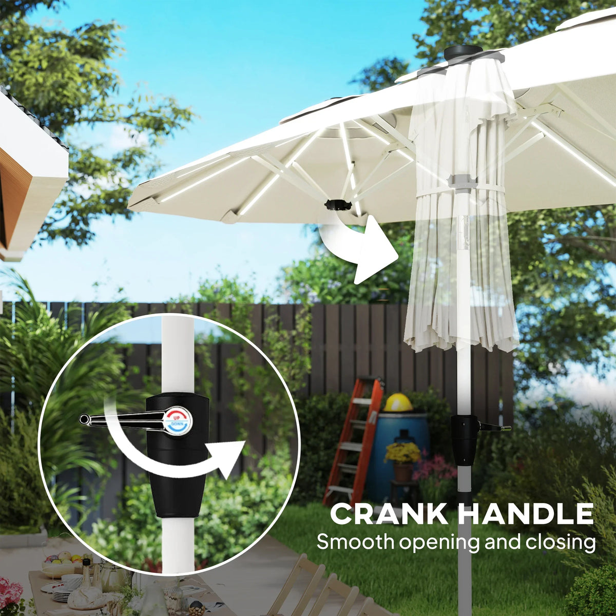 Crank handle on a cream double-sided garden parasol center pole