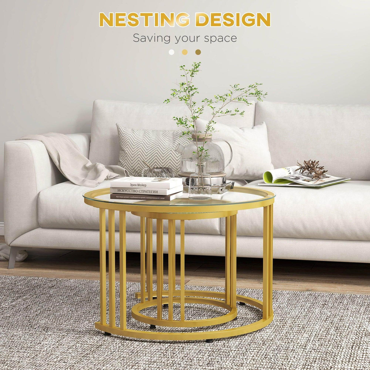 Gold round nesting coffee table with clear tempered glass top and open steel base