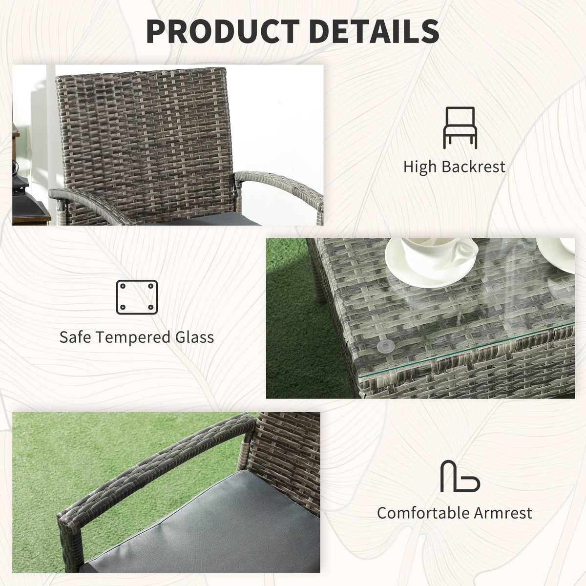 Grey rattan bistro chair with high backrest and dark grey seat cushion