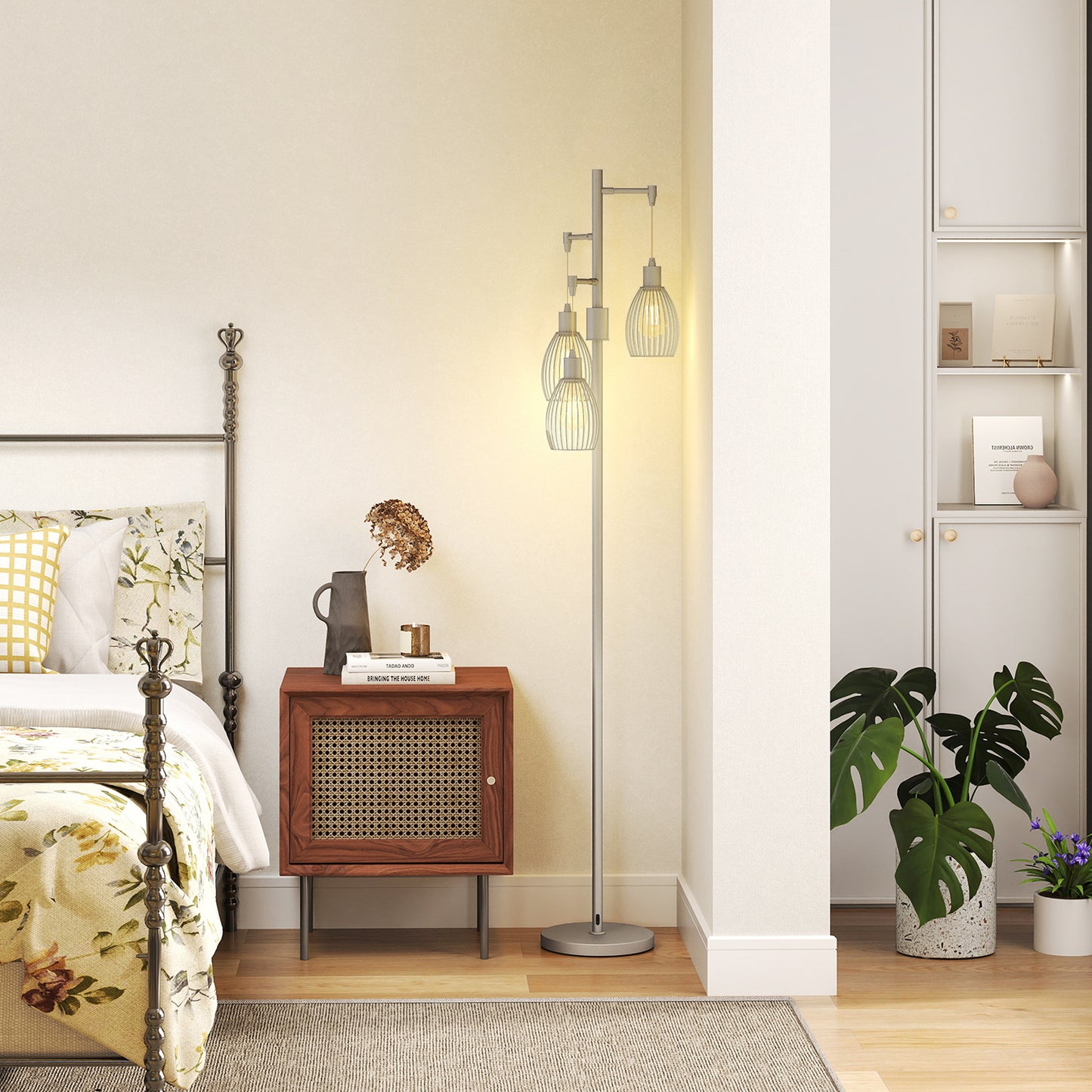 HOMCOM 3 Light Floor Lamp 170cm Dimmable Standing Lamp With Steel Wire Cage Lampshades Living Room Silver Tone