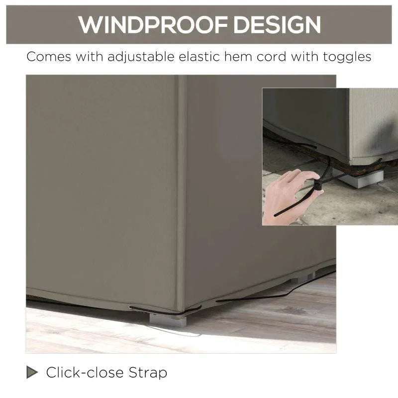 Grey patio furniture cover with adjustable elastic hem cord and click-close strap detail